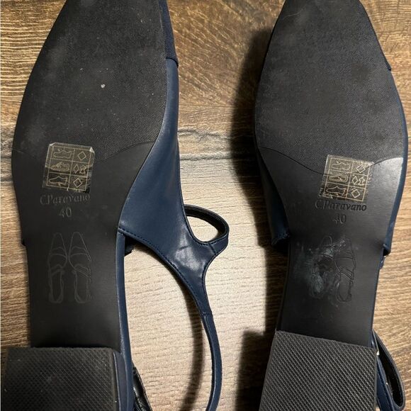 C.Paravano Navy Leather Square Toe Slingback Flats - Picture 8 of 9